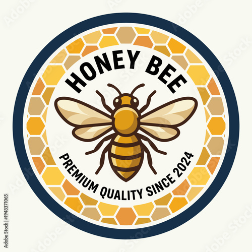 A charming honey bee emblem highlighting premium quality honey products, representing nature and health, ideal for organic and artisanal markets.