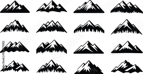 Mountain peak vector icon set featuring multiple snow capped ridges and pine forest silhouettes for outdoor adventure logo design. (20 words)
