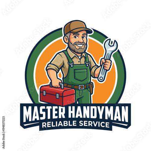 This inviting logo depicts a cheerful handyman holding tools, symbolizing reliability and expertise in home repair and improvement services for clients and businesses.