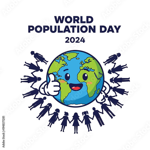 World Population Day 2024 Cartoon Earth with Hugging Users