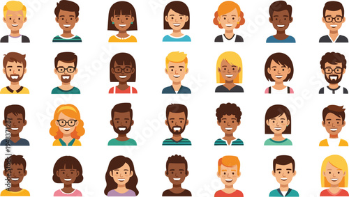 Large set of diverse people avatars, collection of multiethnic men and women characters with different hairstyles and facial expressions flat vector illustration
