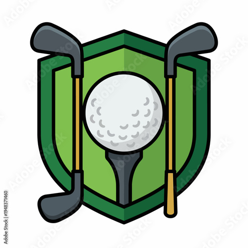 A clean and modern golf logo design featuring crossed golf clubs and a golf ball set against a shield, symbolizing competition and sportsmanship in the game of golf.