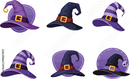 Set of cartoon witch hats for Halloween, purple and black wizard hat collection with buckles and stripes, flat vector illustration isolated on white background
