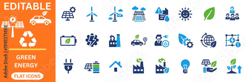 Sustainable future and green energy flat icons set. Electric vehicle, solar panel, wind turbine, recycling, clean power, ecology growth