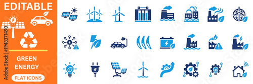 Sustainable green energy and environmental conservation flat icon set. Electric vehicle, solar energy, wind power, leaf bulb, battery, industrial eco