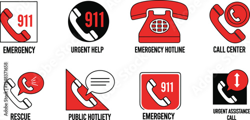 Set of emergency 911 call and urgent help icons, red and black symbols for rescue hotline, call center and public assistance, vector illustration isolated on white background