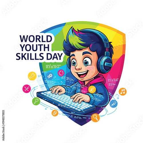 Young coder with headset typing on keyboard for World Youth Skills Day