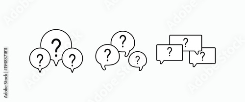 Simple question marks float in three different groupings. Cartoon style bubbles show curiosity or confusion. Minimalist design suits educational or playful contexts