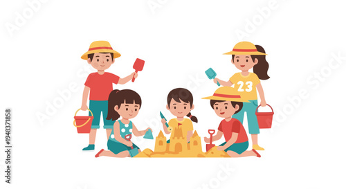 Five cheerful children, wearing hats and colorful clothes, are joyfully building an elaborate sandcastle together with buckets and shovels.