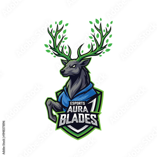 Esports Aura Blades logo featuring deer with glowing green antlers and blue scarf