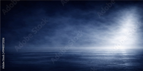 Dramatic dark and light blue backgrounds feature abstract rays piercing through a stormy cloudscape of night sky and deep ocean water