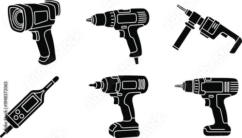 Power tools icon set, electric drill silhouette collection, construction equipment illustration, repair tools symbols, industrial hardware, black vector design