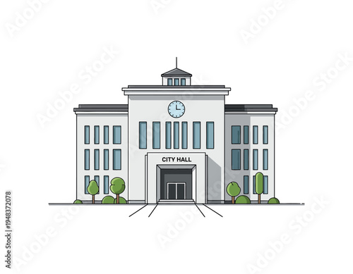 Vector Illustration of a City Hall Building with a Clock Tower and Columns, Representing Government and Civic Services