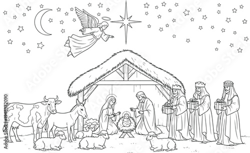 Christmas Nativity scene coloring book page with baby Jesus, Mary, Joseph, three wise men, angel, and stable animals, outline vector illustration