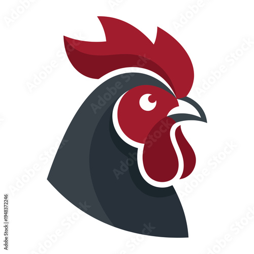 A modern and artistic representation of a rooster's head, showcasing bold colors and geometric shapes, ideal for agricultural branding, culinary markets, or rustic themes.