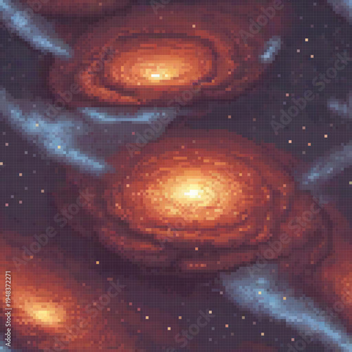 The image showcases a celestial scene with multiple swirling galaxies, each with a distinct orange center. The background features a vast expanse of stars and space dust.