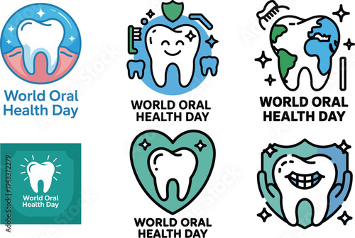 World oral health day dental care icons featuring happy tooth and hygiene symbols