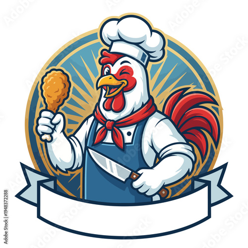 This playful chicken chef character design, holding a drumstick, is perfect for food brands or restaurants wanting to convey a fun and inviting culinary experience.