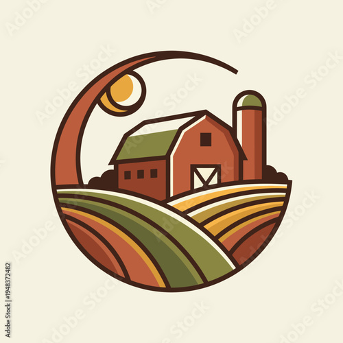 A picturesque farm landscape showcases a barn, silo, and rolling fields under a glowing sun, capturing the essence of rural life and the beauty of the countryside.