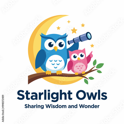 This whimsical illustration features two charming owls perched on a branch under a crescent moon, promoting themes of wisdom, wonder, and curiosity in a joyful manner.