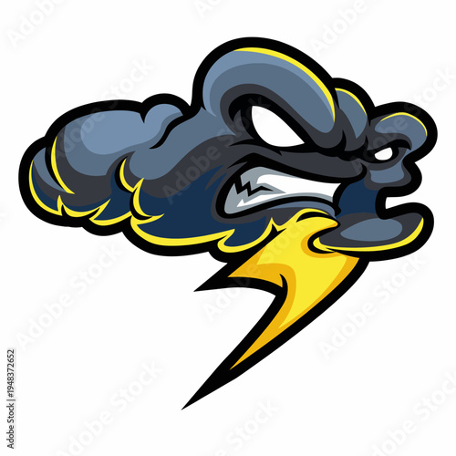 An expressive graphic of a storm cloud with an angry face, accompanied by a lightning bolt, symbolizing power and uncontrollable nature in artistic representation.
