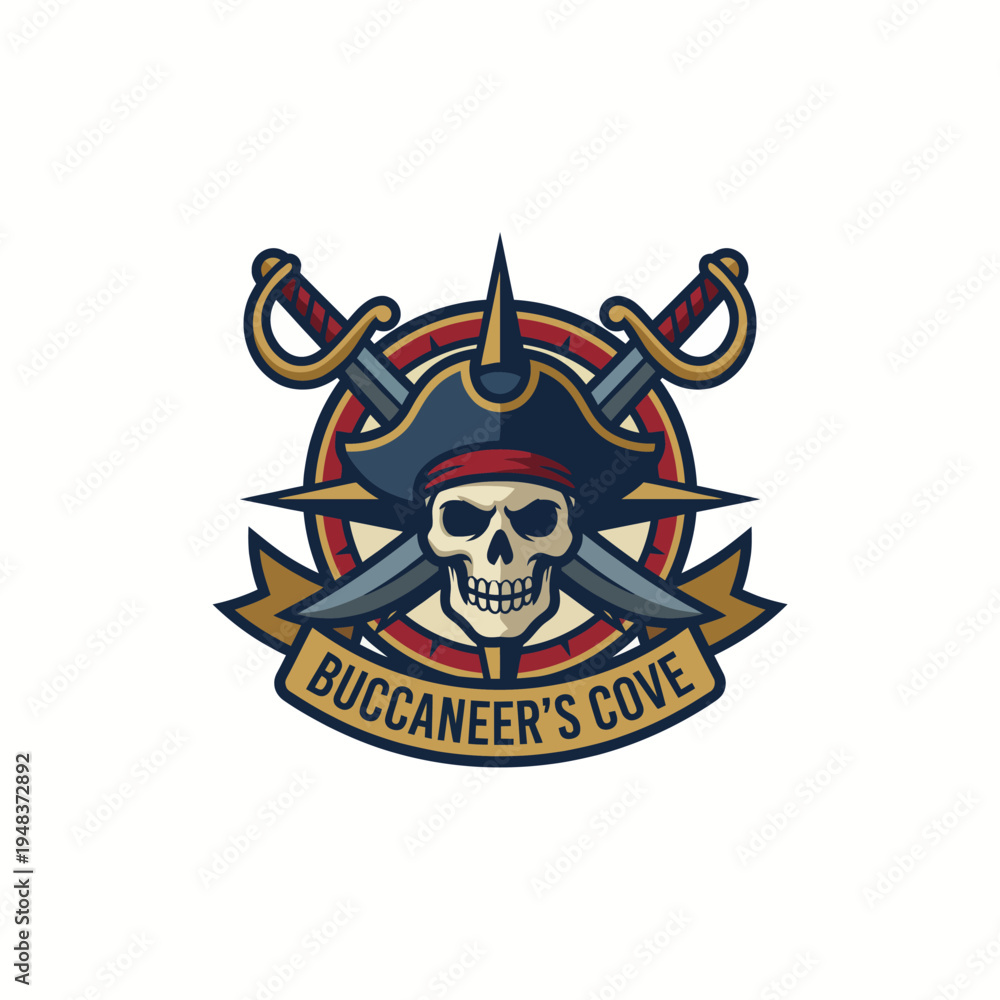 Fototapeta premium This striking logo features a menacing pirate skull, crossed swords, and vibrant colors that embody the adventurous spirit of buccaneering and treasure hunting on the high seas.
