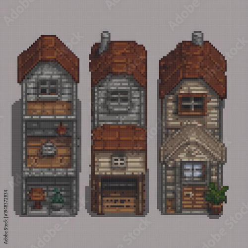 Three pixel art images of old houses, each with unique features like chimneys and windows.