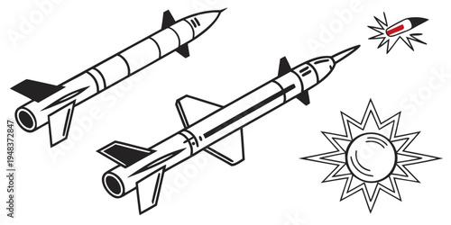 two missiles and a sun with a bug flying near Vector