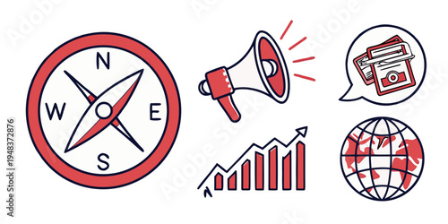 a set of business icons with a compass, megaphone, graph, and world map Vector