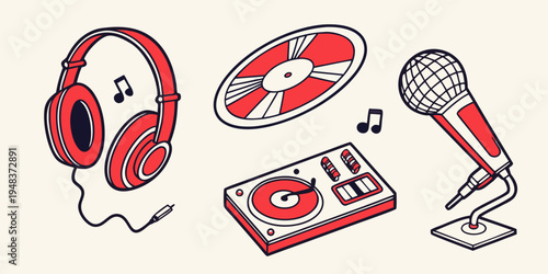 a dj setup with headphones and a microphone Vector