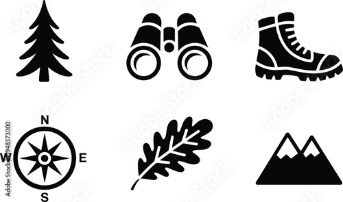 Outdoor adventure icon set featuring black silhouettes of hiking boots binoculars compass mountain pine tree and oak leaf symbols. (20 words)