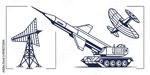 a tank launching a missile with a plane and radar tower Vector