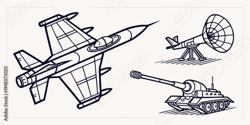 military vehicles and aircraft Vector