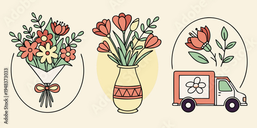 a set of floral designs with flowers in a vase and delivery truck Vector