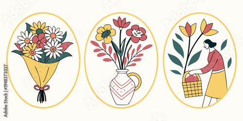 a set of floral designs and a woman with flowers Vector