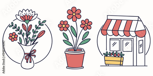 a bouquet of flowers, a potted plant, and a storefront with flowers Vector