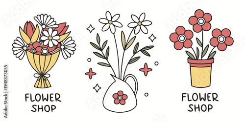 three different flower arrangements in vase Vector