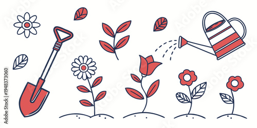 a garden with flowers and gardening tools Vector
