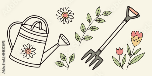 a watering can and gardening tools with flowers and leaves Vector