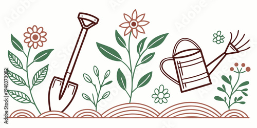 a garden scene with flowers and gardening tools Vector