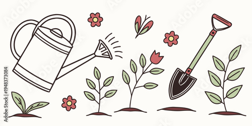 a watering can and gardening tools for plant care Vector