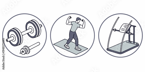 a set of three icons depicting weightlifting and gym equipment Vector