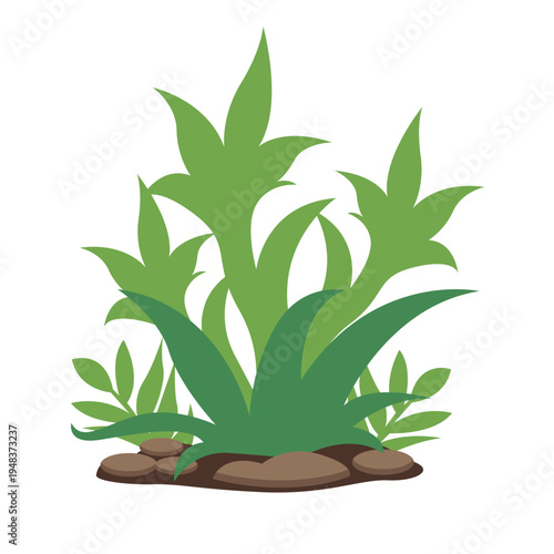 Bushy green plant with mixed foliage types and various leaf shapes, ideal for landscape graphics and decorative nature elements with flat vector style.