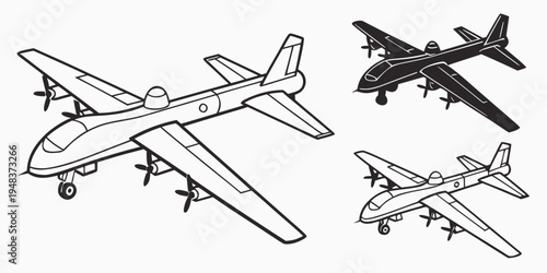 a drawing of three different views of a propeller plane Vector