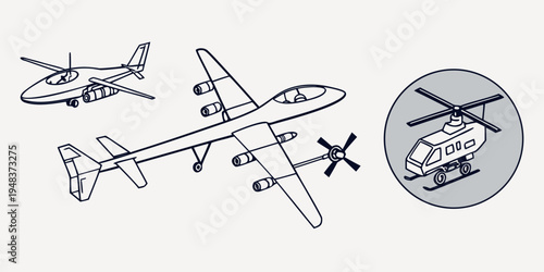 airplane and helicopter in flight formations Vector