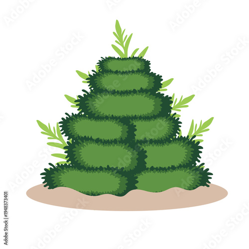 Tiered conical green shrub perfect for landscape design, garden graphics, decorative nature elements, and outdoor illustrations with flat vector style.
