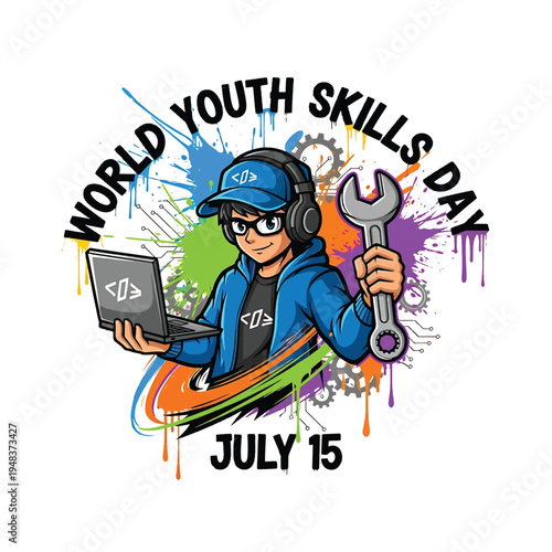 World Youth Skills Day illustration of coder youth with laptop and wrench
