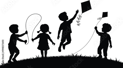 WebBlack silhouette of happy children playing jumping with jump rope and flying kites in park isolated on white background vector.