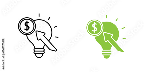 Outline icon set. illustration of light bulb with dollar symbol and upward arrow representing financial ideas, investment strategy, and business innovation.