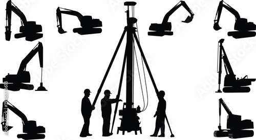 WebBlack silhouette of heavy construction machinery excavators and industrial drilling rig with workers isolated on white background for vector design.